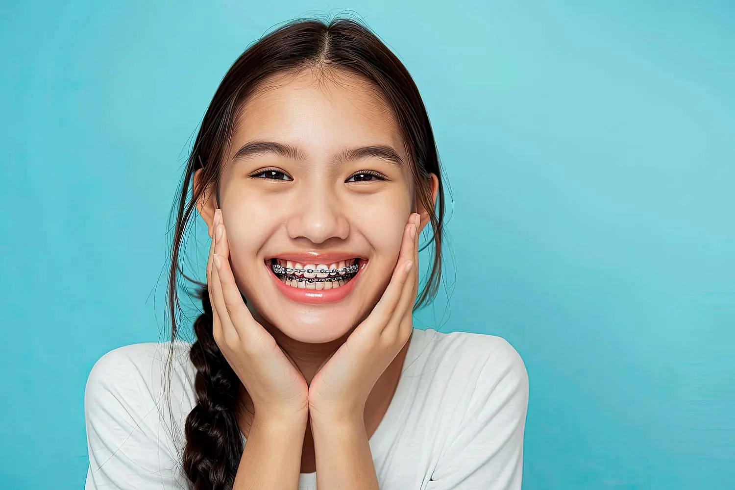 A young person with long hair and braces, visiting the children's orthodontist, smiles widely, holding their face with both hands against a solid blue background while wearing a white shirt in Leominster and Gardner, MA