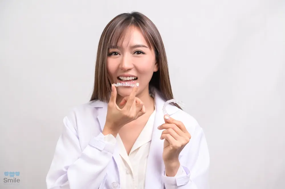 young female dentist holding invisalign clear aligners white background studio dental - How Does Invisalign Work in Leominster, MA