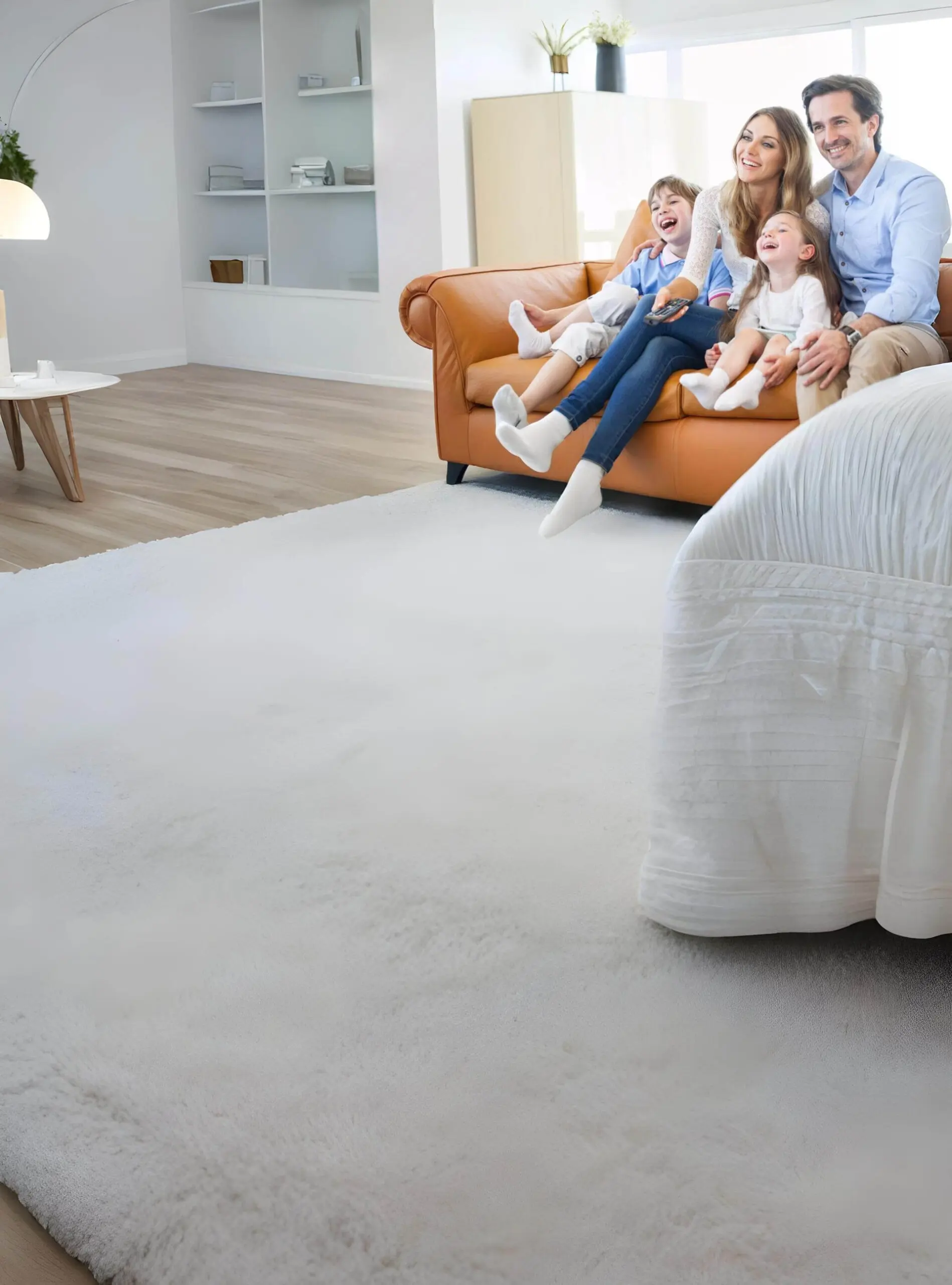 A smiling family of four watches TV on a brown sofa in a bright living room for Smile Orthodontics in Leominster or Gardner, MA.